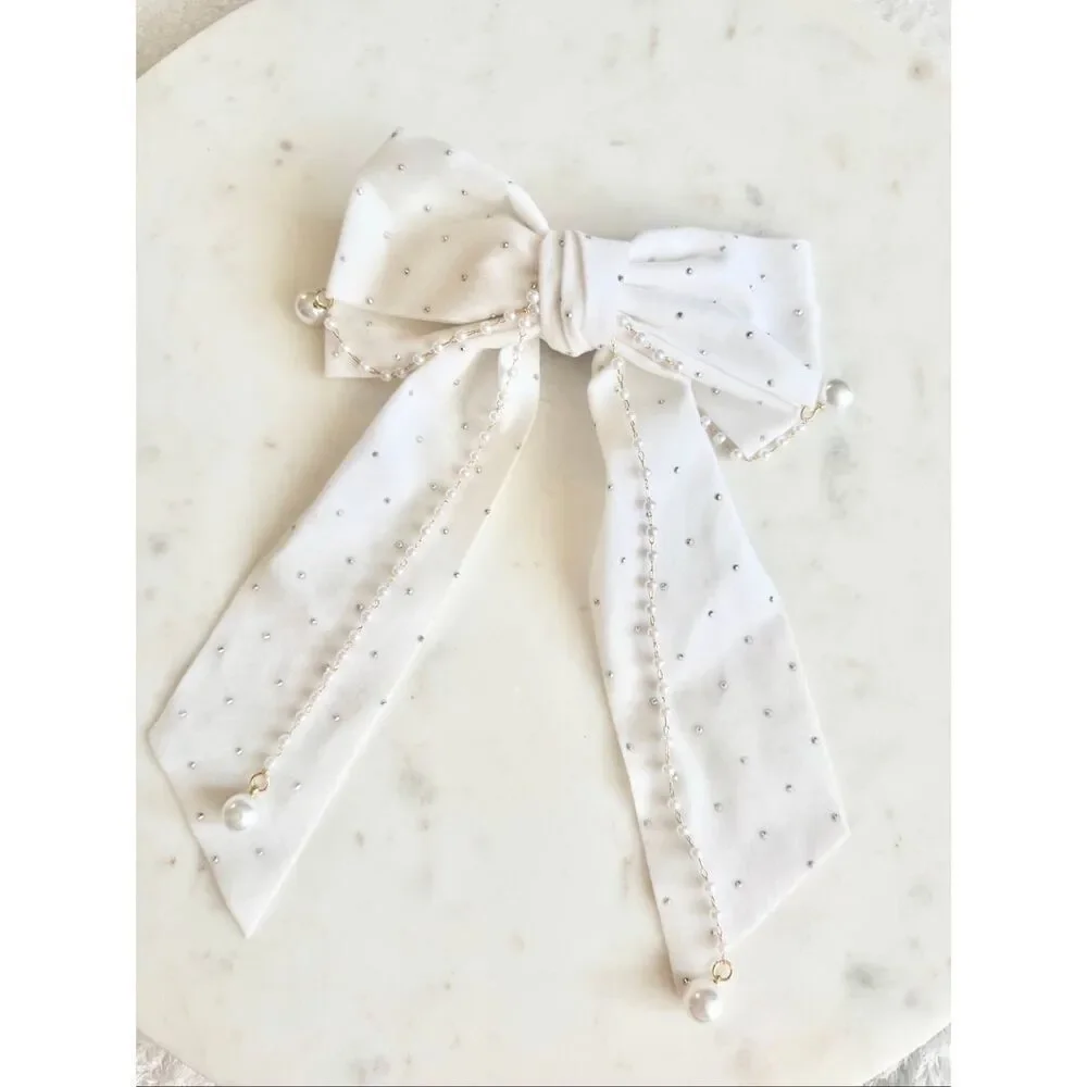 Elegant Pearl Chain Rhinestone Bow Hair Clip — Bridal / Coquette